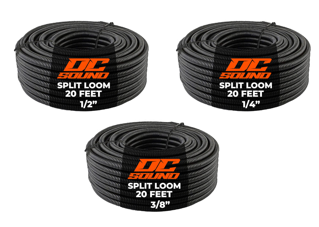 DC Sound 3-Pack 1/4", 3/8", 1/2" x 20 Feet Each Split Wire Loom Convoluted Tubing