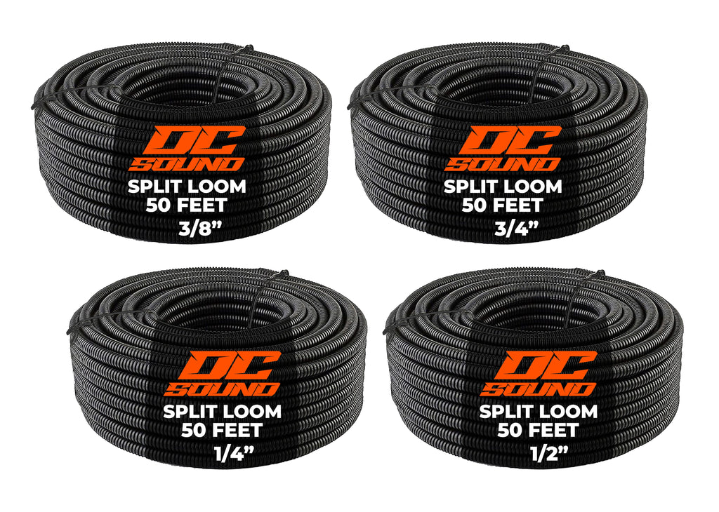 DC Sound 4-Pack 1/4", 3/8", 1/2", 3/4" x 50 Feet Each Split Wire Loom Convoluted Tubing