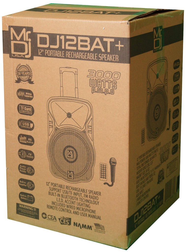 MR DJ DJ12BAT+ 12" 3000W Portable PA DJ Active Powered Bluetooth TWS Speaker