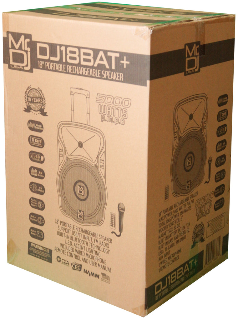 MR DJ DJ18BAT+ 18" Portable Trolley PA DJ Active Powered Bluetooth TWS Speaker 5000 Watts LCD/MP3/USB/micro SD