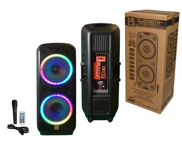 MR DJ USA AFTER PARTY Dual 15" Rechargeable Bluetooth Party Speaker LED Lights TWS Wired Microphone USB/SD FM Radio Remote Control