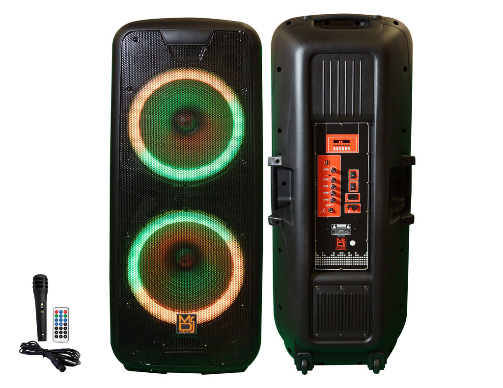 MR DJ DJ215BTA Dual 15" Rechargeable Bluetooth Party Speaker LED Lights TWS Wired Microphone USB/SD FM Radio & Remote Control