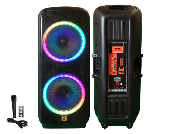 MR DJ DJ215BTA AFTER PARTY Dual 15" 5000W Max Power Speaker with Built-In Bluetooth & Battery, 1" LCD/MP3/USB/SD Slot