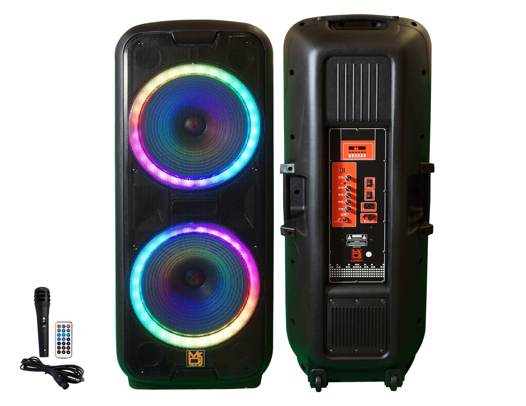 MR DJ DJ215BTA Dual 15" Rechargeable Bluetooth Party Speaker LED Lights TWS Wired Microphone USB/SD FM Radio & Remote Control