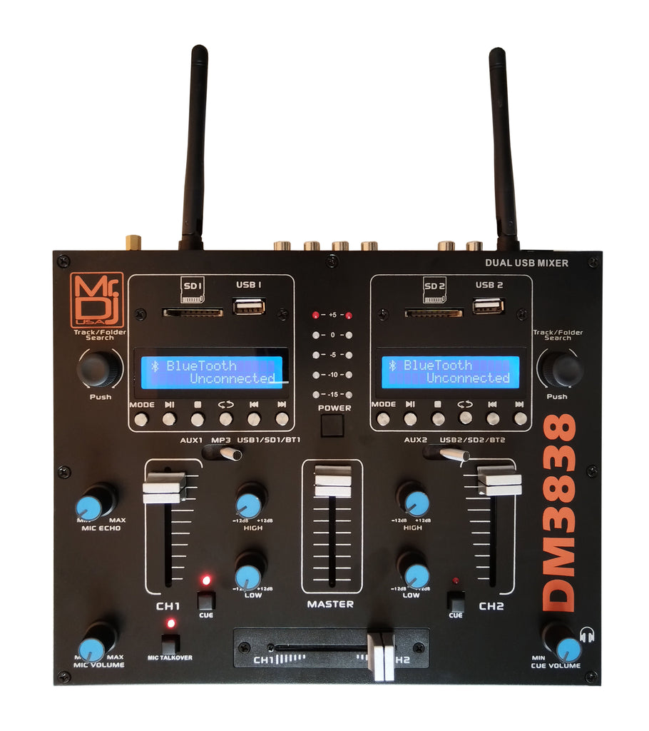 MR DJ DM3838 2 Channel Portable PA DJ Mixer Double Wireless Connection BT USB SD Slot
