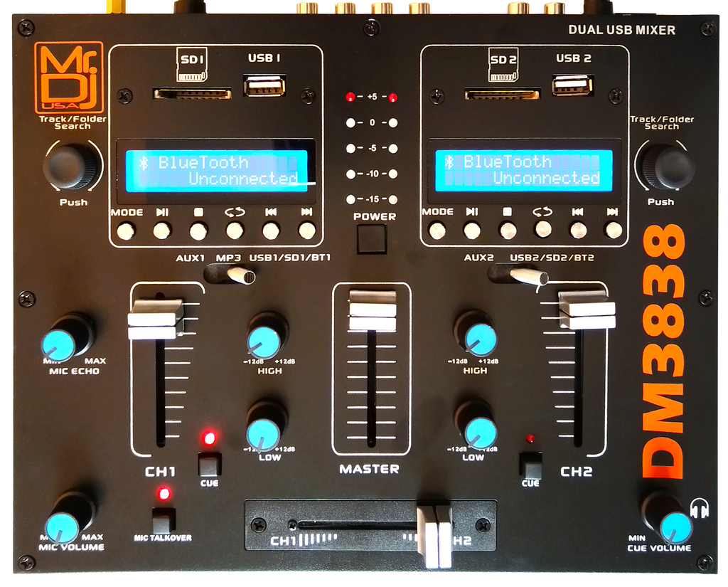 MR DJ DM3838 2 Channel Portable PA DJ Mixer Double Wireless Connection BT USB SD Slot