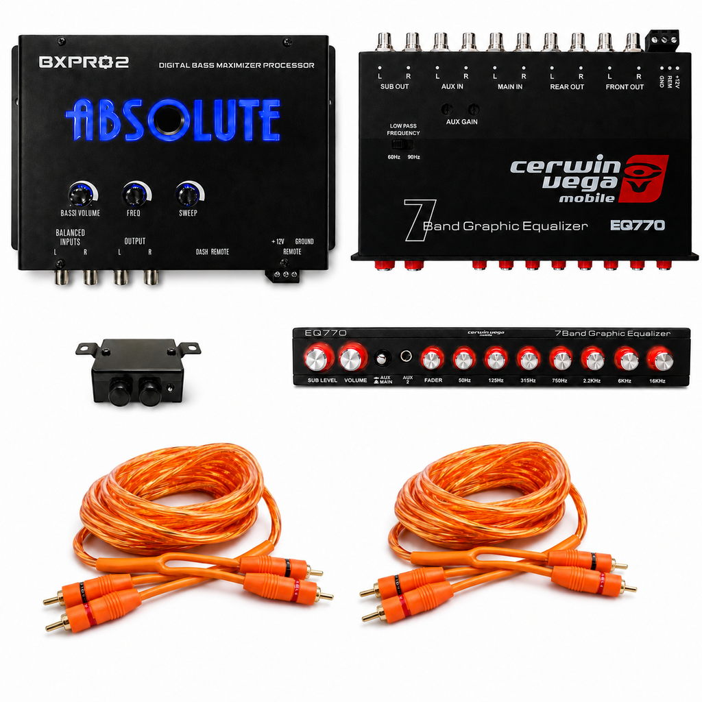 Cerwin Vega EQ770 7-Band Equalizer + BXPRO2 Bass Processor + 2 12' Copper RCA