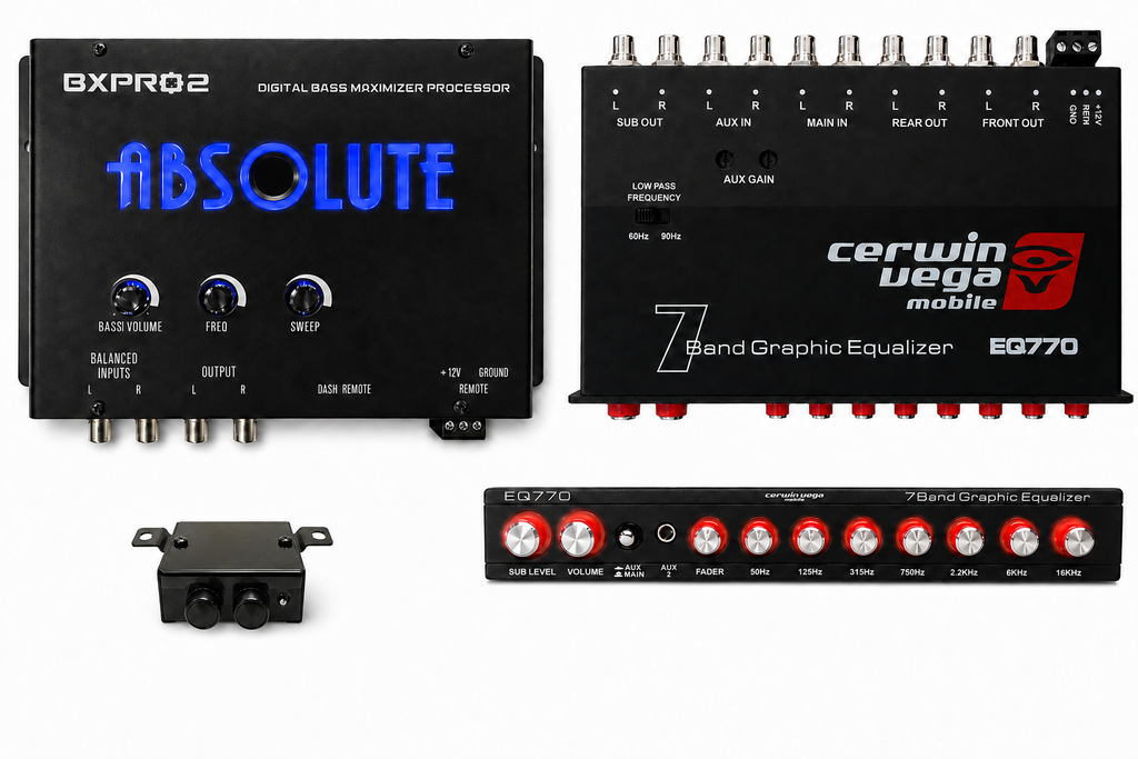 Cerwin Vega EQ770 7-Band Equalizer + BXPRO2 Bass Processor + 2 12' Copper RCA