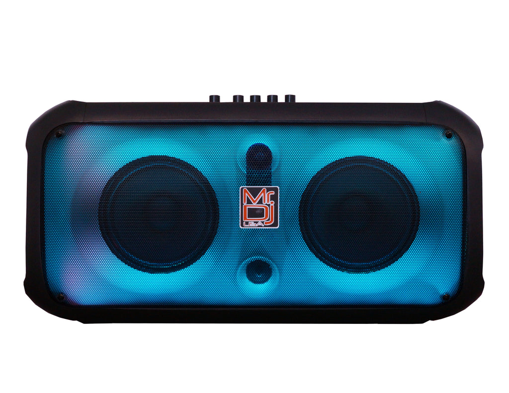 MR DJ FIRE-FLAME 6.5" X 2 Rechargeable Portable Bluetooth Karaoke Speaker with Party Flame Lights Microphone TWS USB FM Radio