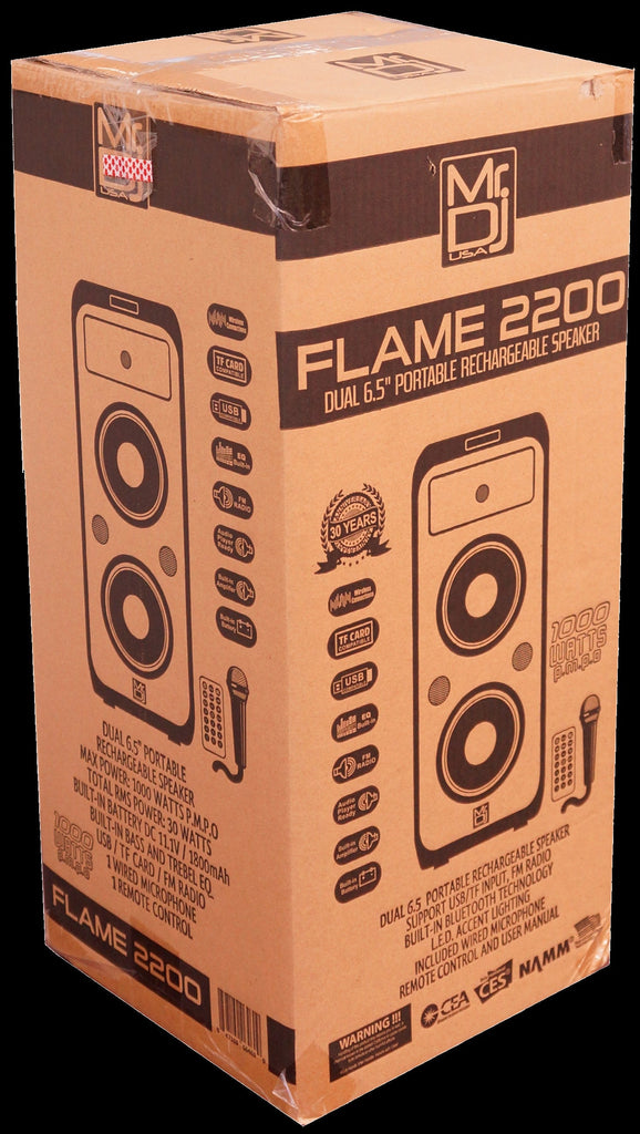 MR DJ FLAME2200 6.5" X 2 Rechargeable Portable Bluetooth Karaoke Speaker with Party Flame Lights Microphone TWS USB FM Radio