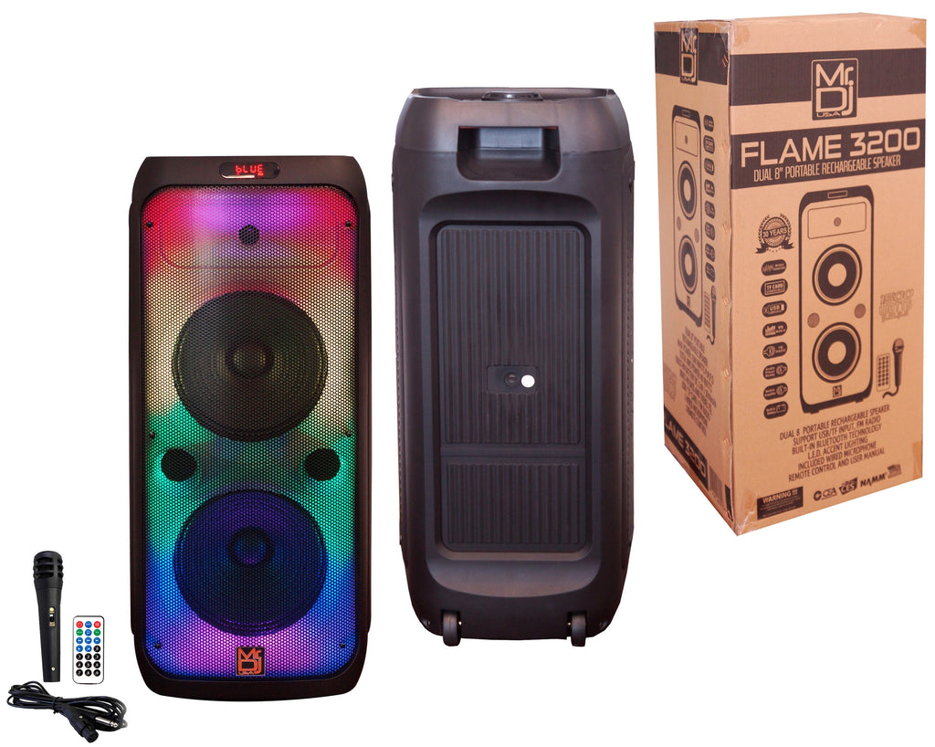 2 MR DJ FLAME3200 8" X 2 Rechargeable Portable Bluetooth Karaoke Speaker with Party Flame Lights Microphone TWS USB FM Radio