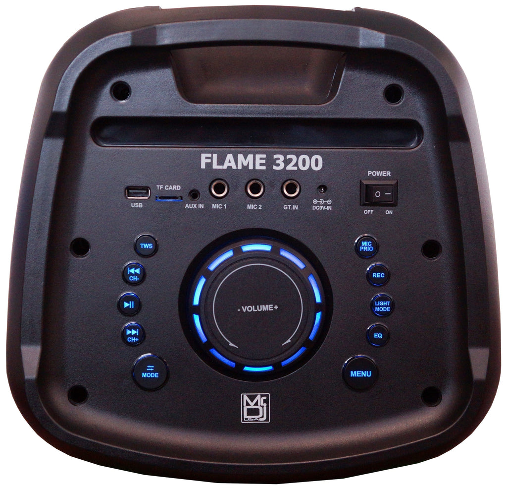 MR DJ FLAME3200 8" X 2 Rechargeable Portable Bluetooth Karaoke Speaker with Party Flame Lights Microphone TWS USB FM Radio + 18-LED Moving Head DJ Light