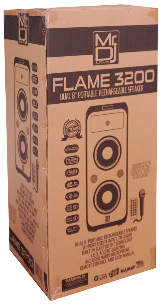 MR DJ FLAME3200 8" X 2 Rechargeable Portable Bluetooth Karaoke Speaker with Party Flame Lights Microphone TWS USB FM Radio + 7-LED Moving Head DJ Light