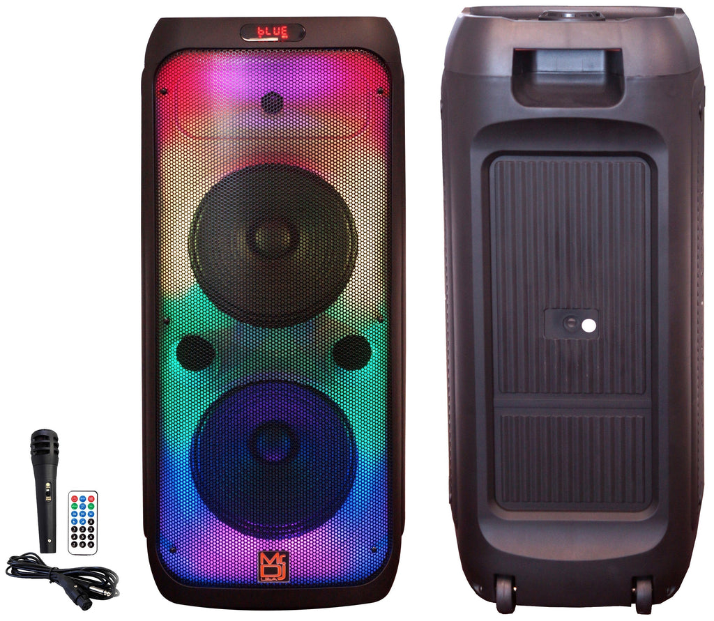 MR DJ FLAME3200 8" X 2 Rechargeable Portable Bluetooth Karaoke Speaker with Party Flame Lights Microphone TWS USB FM Radio + 18-LED Moving Head DJ Light