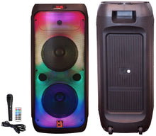 Charger l&#39;image dans la galerie, MR DJ FLAME3200 8&quot; X 2 Rechargeable Portable Bluetooth Karaoke Speaker with Party Flame Lights Microphone TWS USB FM Radio + 18-LED Moving Head DJ Light