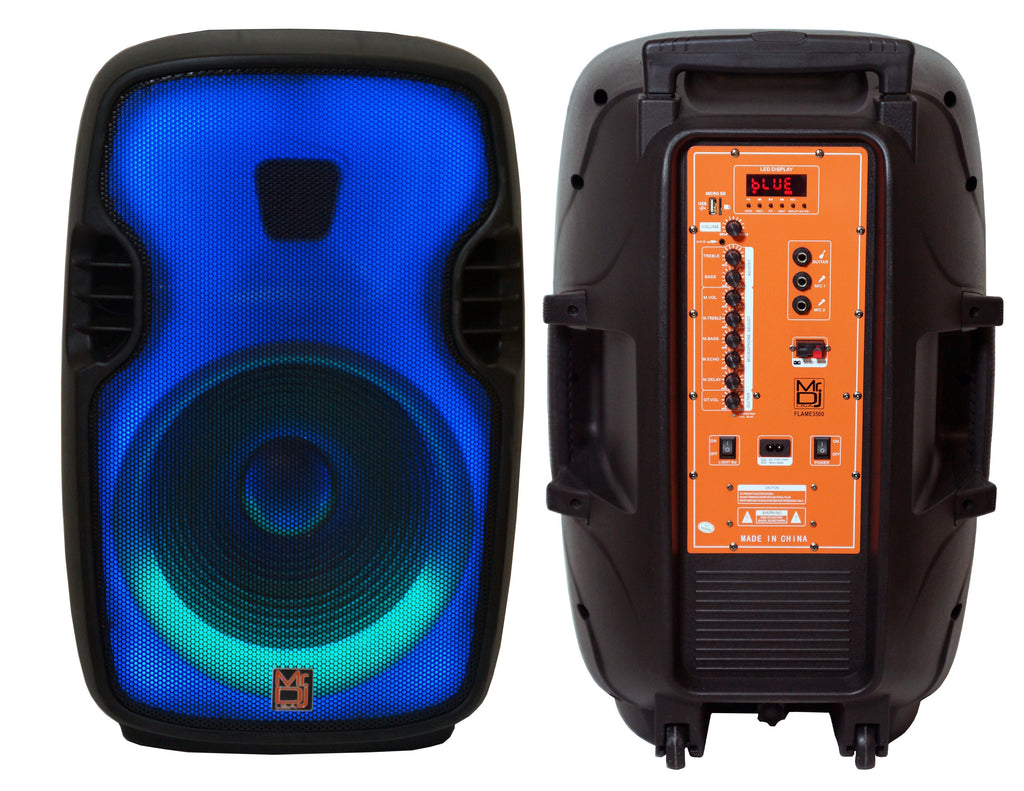 MR DJ FLAME3500LED PRO Portable 15” 2-Way Full-Range Powered/Active DJ PA + Stand