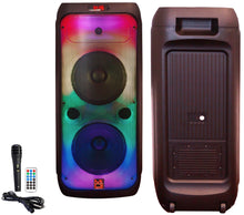 Load image into Gallery viewer, MR DJ FLAME4200 10&quot; X 2 Rechargeable Portable Bluetooth Karaoke Speaker with Party Flame Lights Microphone TWS USB FM Radio + 18-LED Moving Head DJ Light