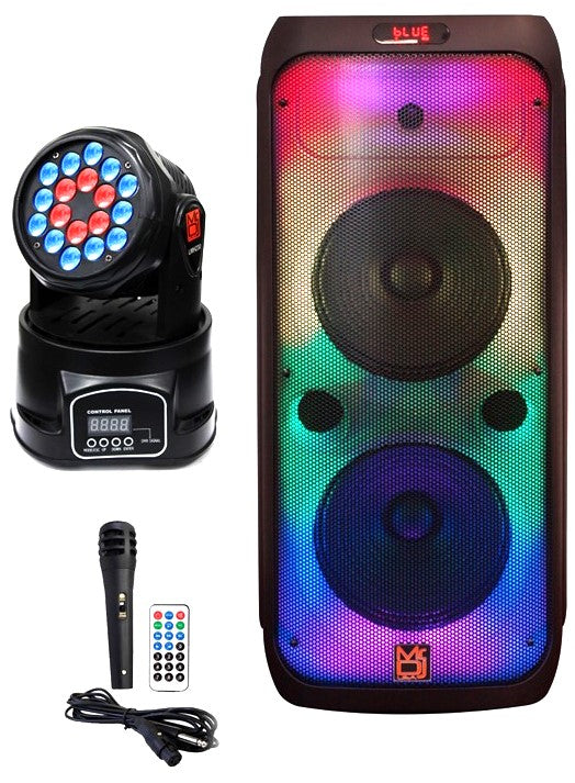 MR DJ FLAME3200 8" X 2 Rechargeable Portable Bluetooth Karaoke Speaker with Party Flame Lights Microphone TWS USB FM Radio + 18-LED Moving Head DJ Light