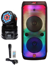 Charger l&#39;image dans la galerie, MR DJ FLAME3200 8&quot; X 2 Rechargeable Portable Bluetooth Karaoke Speaker with Party Flame Lights Microphone TWS USB FM Radio + 18-LED Moving Head DJ Light