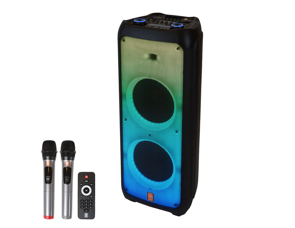 2 MR DJ FLAME5500LED+ 5500W Dual 12” Bluetooth Rechargeable Party Speaker Flame LED Lights 2 Wireless Mic TWS Portable DJ PA System