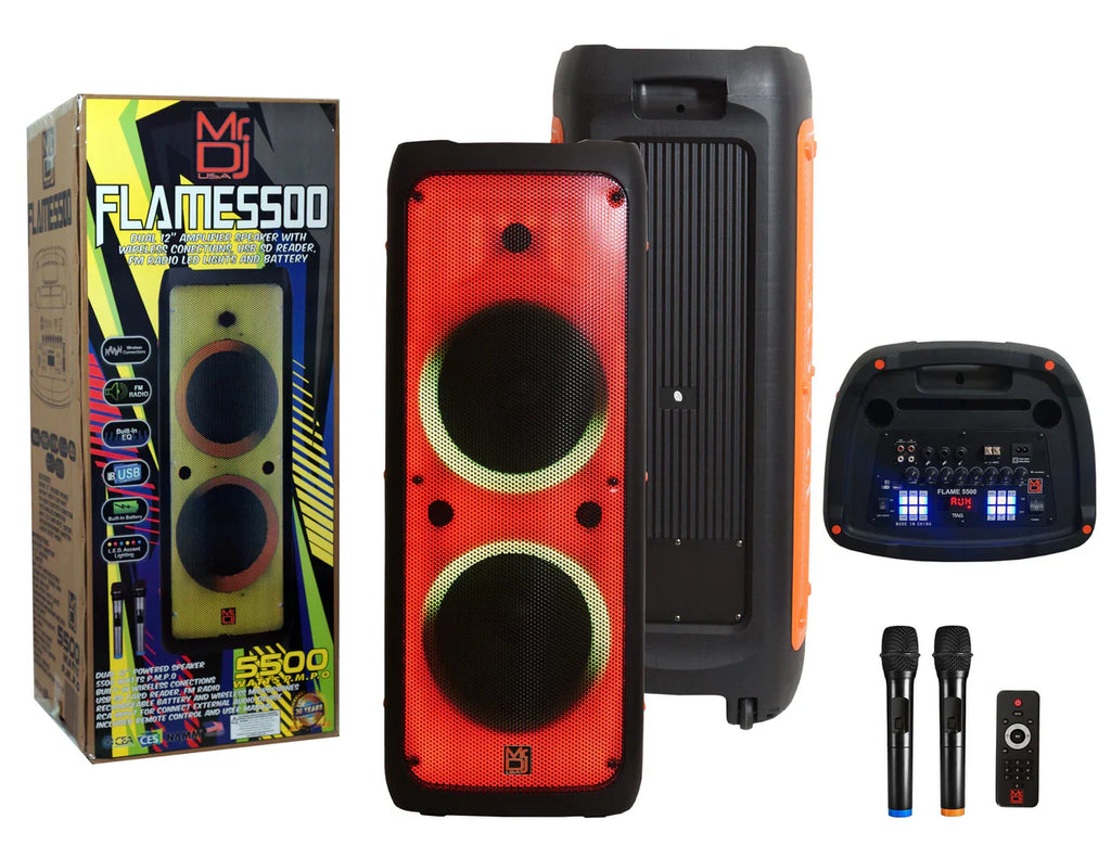 MR DJ FLAME5500LED Portable Dual 12" 3-Way Full-Range Powered/Active DJ PA Multipurpose Live Sound Bluetooth Loudspeaker