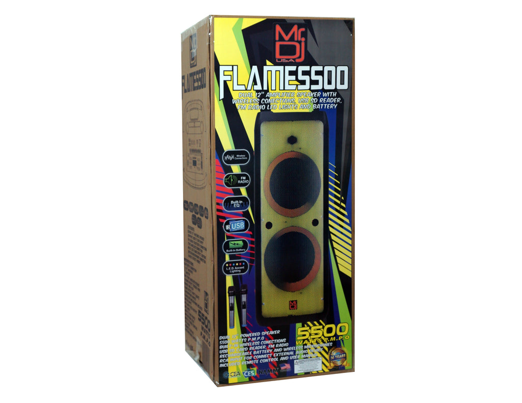 MR DJ FLAME5500LED Professional Rechargeable Portable Dual 12” 3-Way Full-Range Powered/Active DJ PA Multipurpose Live Sound Bluetooth Loudspeaker with Full Fire Flame Glow Disco Lights and Two Wireless Microphones