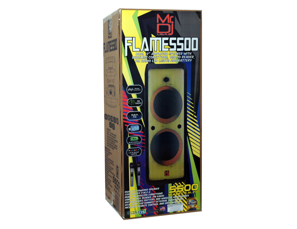 2 MR DJ FLAME5500LED Professional Portable Dual 12” 3-Way Full-Range Powered/Active DJ PA Multipurpose Live Sound Bluetooth Loudspeaker