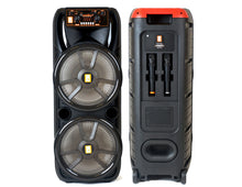 Load image into Gallery viewer, MR DJ HOLLYWOOD+ Dual 15" Rechargeable Portable Bluetooth Karaoke Speaker Party Flame Lights with 2 Wireless Microphone TWS USB FM Radio
