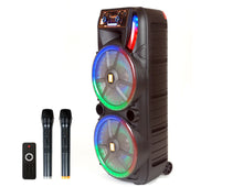 Load image into Gallery viewer, 2 MR DJ HOLLYWOOD+ Dual 15" Rechargeable Portable Bluetooth Karaoke Speaker Party Flame Lights with 2 Wireless Microphone TWS USB FM Radio