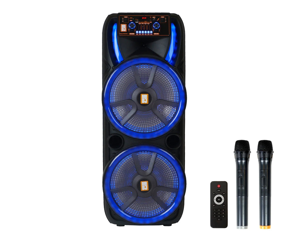 MR DJ HOLLYWOOD+ Dual 15" Rechargeable Portable Bluetooth Karaoke Speaker Party Flame Lights with 2 Wireless Microphone TWS USB FM Radio