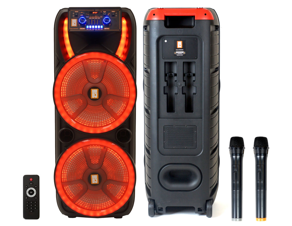 MR DJ HOLLYWOOD+ Dual 15" Rechargeable Portable Bluetooth Karaoke Speaker Party Flame Lights with 2 Wireless Microphone TWS USB FM Radio