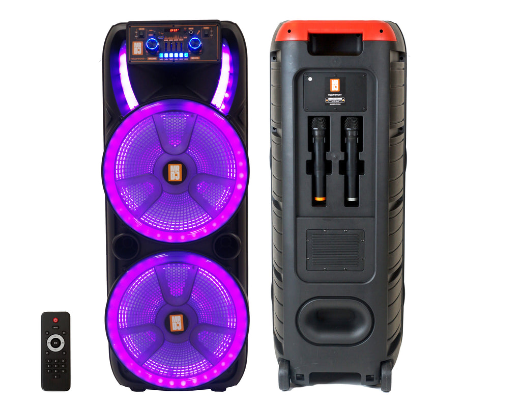 MR DJ HOLLYWOOD+ Dual 15" Rechargeable Portable Bluetooth Karaoke Speaker Party Flame Lights with 2 Wireless Microphone TWS USB FM Radio