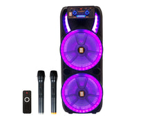 Load image into Gallery viewer, MR DJ HOLLYWOOD+ Dual 15" Rechargeable Portable Bluetooth Karaoke Speaker Party Flame Lights with 2 Wireless Microphone TWS USB FM Radio