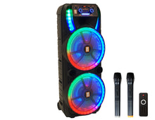 Load image into Gallery viewer, MR DJ HOLLYWOOD+ Dual 15" Rechargeable Portable Bluetooth Karaoke Speaker Party Flame Lights with 2 Wireless Microphone TWS USB FM Radio