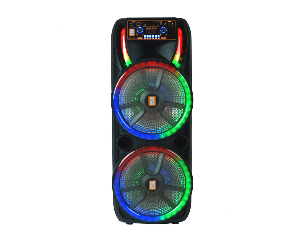 2 MR DJ HOLLYWOOD+ Dual 15" Rechargeable Portable Bluetooth Karaoke Speaker Party Flame Lights with 2 Wireless Microphone TWS USB FM Radio