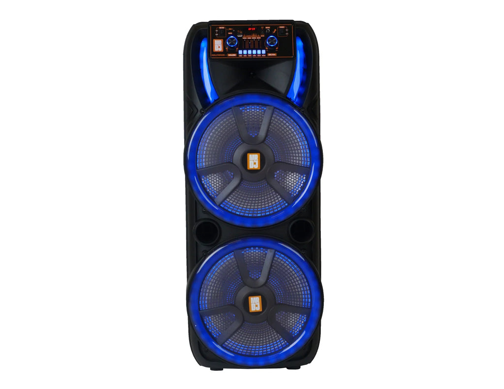 MR DJ HOLLYWOOD+ Dual 15" Rechargeable Portable Bluetooth Karaoke Speaker Party Flame Lights with 2 Wireless Microphone TWS USB FM Radio