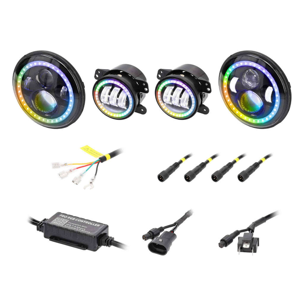 Jeep JP-707RGBKT Chasing Halo LED 7" Headlights & 4" Fog Lights w/Controller