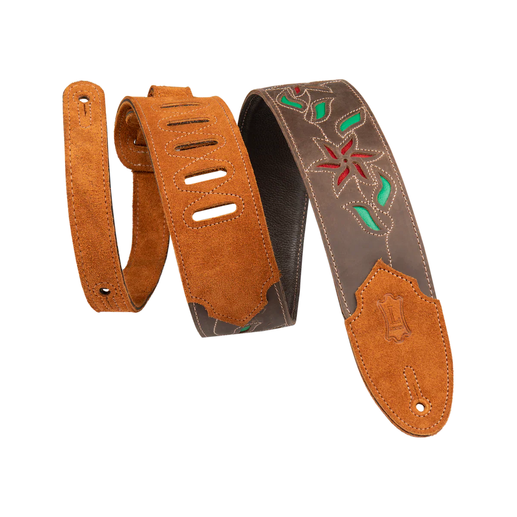 Levy's Leathers M4FV-DBR_RED Brown Leather Red Flowers and Green Leaves Guitar Strap