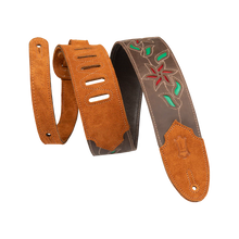 Charger l'image dans la galerie, Levy's Leathers M4FV-DBR_RED Brown Leather Red Flowers and Green Leaves Guitar Strap