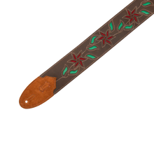 Charger l'image dans la galerie, Levy's Leathers M4FV-DBR_RED Brown Leather Red Flowers and Green Leaves Guitar Strap