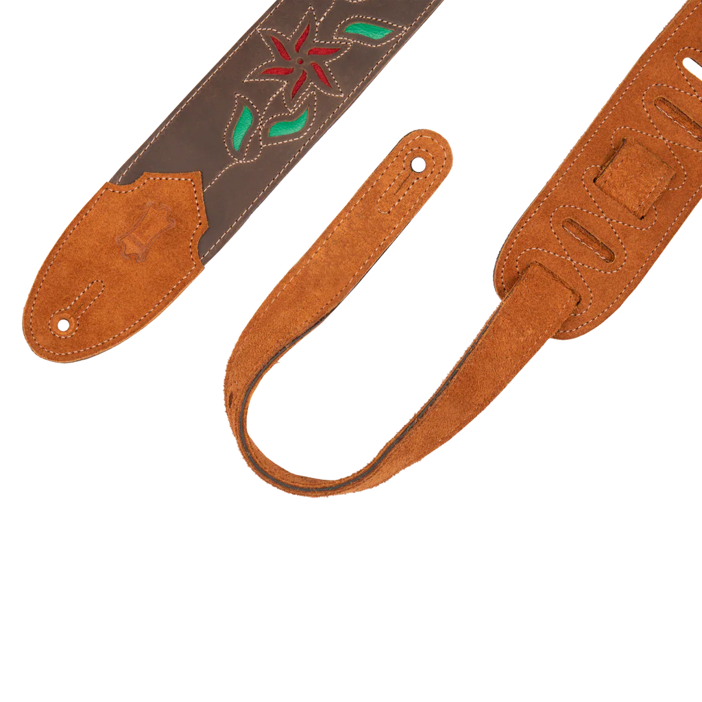 Levy's Leathers M4FV-DBR_RED Brown Leather Red Flowers and Green Leaves Guitar Strap