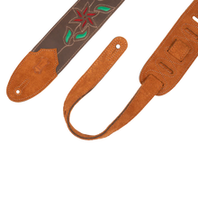 Charger l'image dans la galerie, Levy's Leathers M4FV-DBR_RED Brown Leather Red Flowers and Green Leaves Guitar Strap