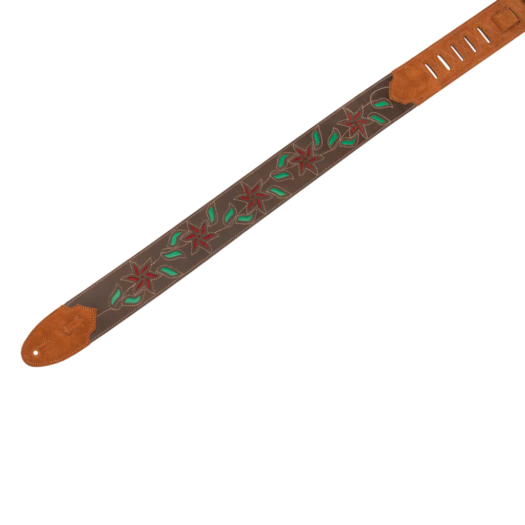 Levy's Leathers M4FV-DBR_RED Brown Leather Red Flowers and Green Leaves Guitar Strap