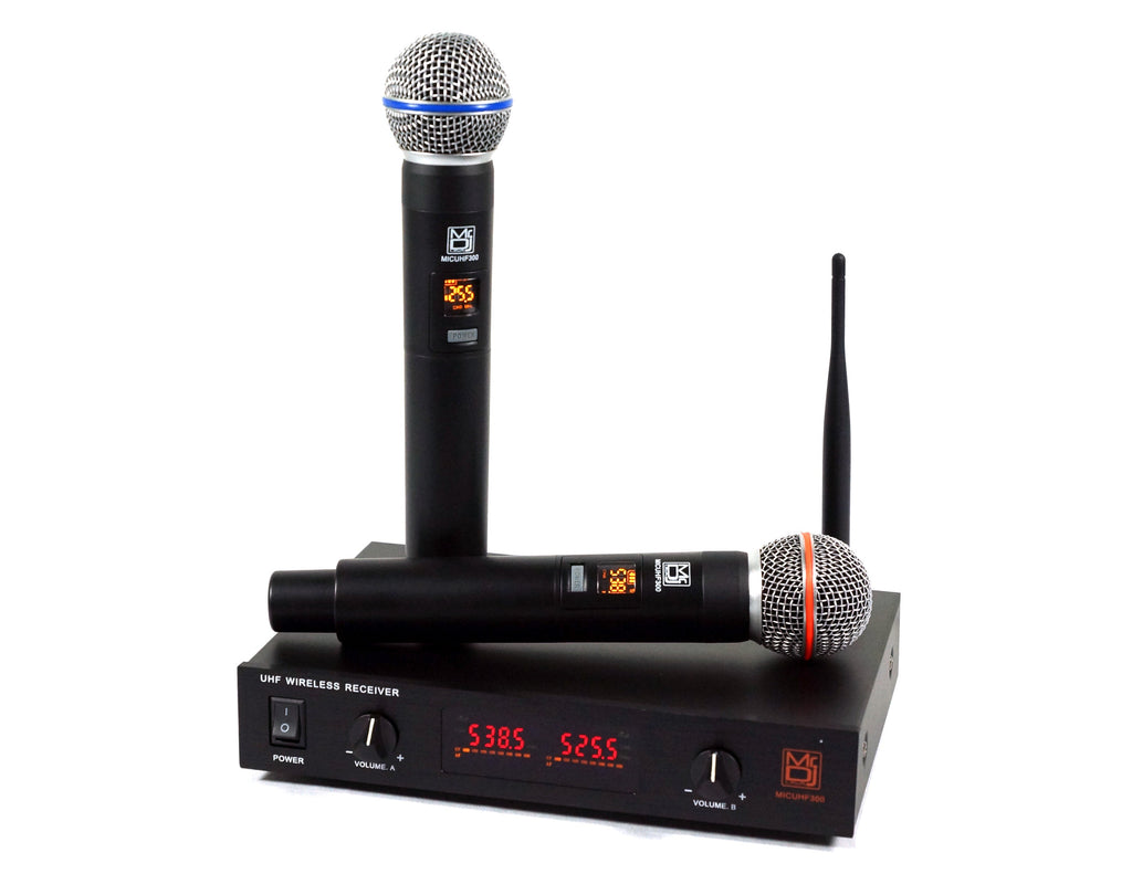 MR DJ MICUHF300 Dual UHF Wireless Microphone System Kit with 2 Handheld & LED display