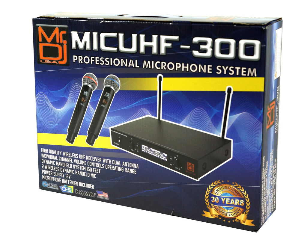 MR DJ MICUHF300 Dual UHF Wireless Microphone System Kit with 2 Handheld & LED display