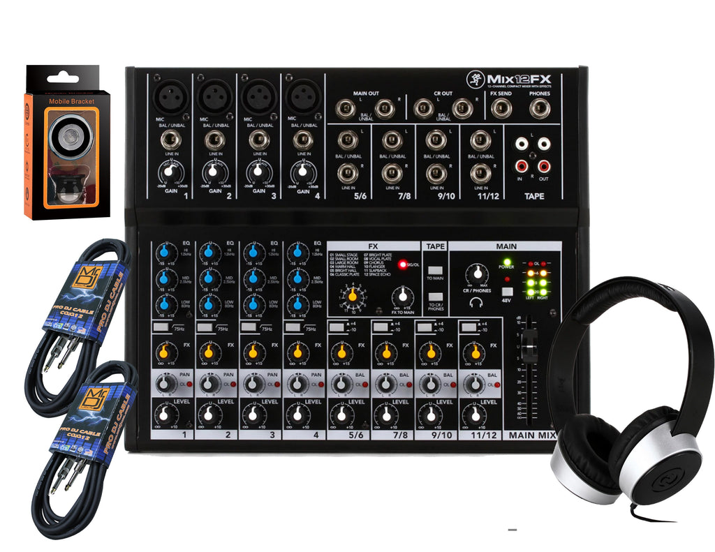 Mackie Mix12FX 12CH Compact Mixer Effects + Certified Headphone + Pair of Audio Cable+ Phone Holder