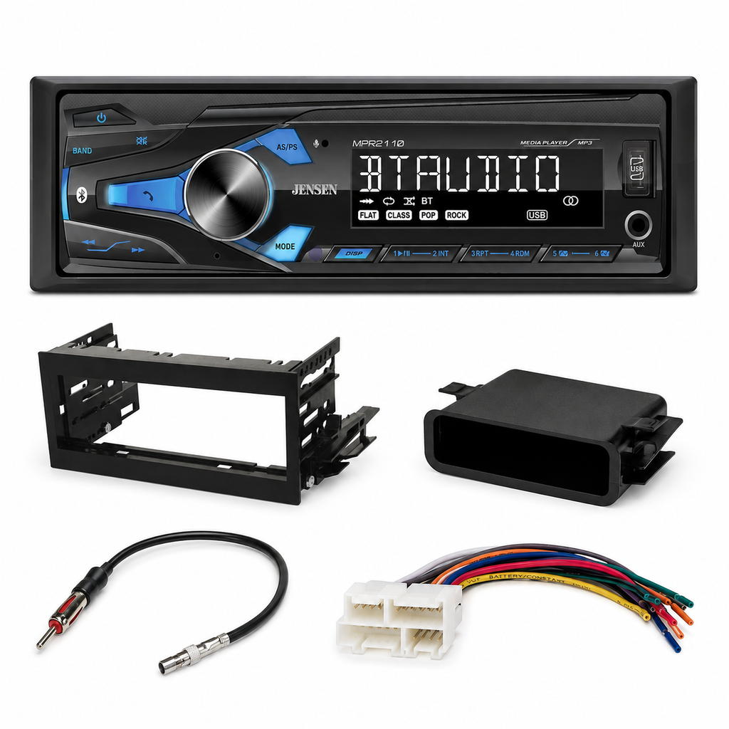 Jensen MPR2110 Single Din Bluetooth Stereo AM/FM Kit Harness Ant Fit 95-02 GM Pickup Bundle
