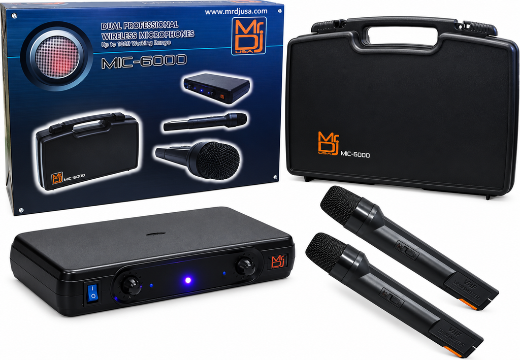 2 MR DJ MIC6000 Wireless Dual Handheld design Microphone System + Carrying Case