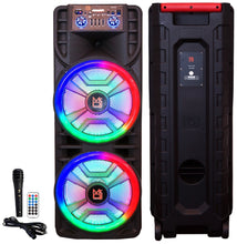 Charger l&#39;image dans la galerie, MR DJ NEWYORK+ 12&quot; X 2 Rechargeable Portable Bluetooth Karaoke Speaker with Party Flame Lights Microphone TWS USB FM Radio + 7-LED Moving Head DJ Light