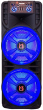 Load image into Gallery viewer, MR DJ NEWYORK+ 12&quot; X 2 Rechargeable Portable Bluetooth Karaoke Speaker with Party Flame Lights Microphone TWS USB FM Radio + 18-LED Moving Head DJ Light
